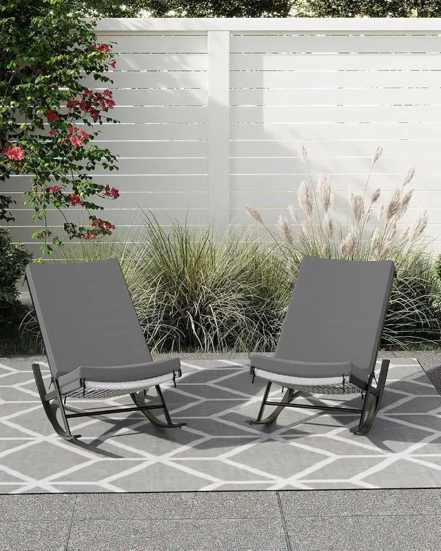 Alt view image 3 of 7 - Patikuin Outdoor Rocking Chairs Set of 2, Dark Grey Metal Frame Rocker Chairs with Grey Rattan Seat & Grey Cushion, Indoor/Outdoor Lounge Chairs for Porch, Garden, Backyard