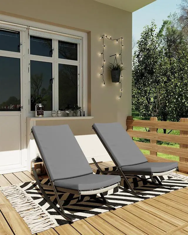 Alt view image 4 of 7 - Patikuin Outdoor Rocking Chairs Set of 2, Dark Grey Metal Frame Rocker Chairs with Grey Rattan Seat & Grey Cushion, Indoor/Outdoor Lounge Chairs for Porch, Garden, Backyard