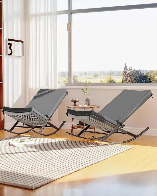 Alt view image 5 of 7 - Patikuin Outdoor Rocking Chairs Set of 2, Dark Grey Metal Frame Rocker Chairs with Grey Rattan Seat & Grey Cushion, Indoor/Outdoor Lounge Chairs for Porch, Garden, Backyard