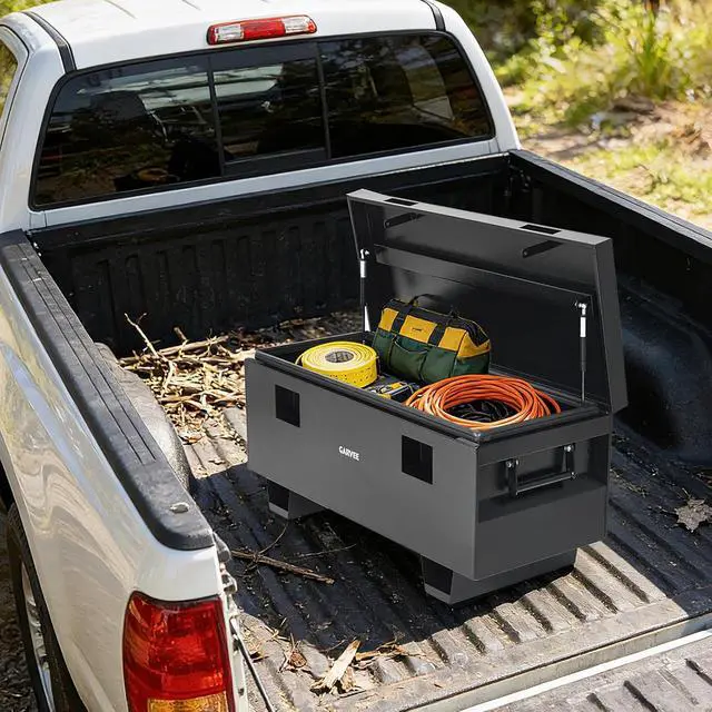Alt view image 3 of 7 - Patikuin Heavy Duty Steel Jobsite Truck Bed Tool Box 36" Waterproof Lockable Storage Chest with Side Handles & Removable Legs, for Trucks, Trailers, Garage, Workshop Black Plastic Spray
