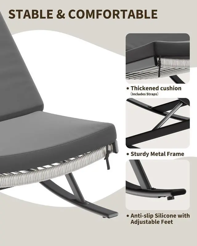 Alt view image 6 of 7 - Patikuin Outdoor Rocking Chairs Set of 2, Dark Grey Metal Frame Rocker Chairs with Grey Rattan Seat & Grey Cushion, Indoor/Outdoor Lounge Chairs for Porch, Garden, Backyard