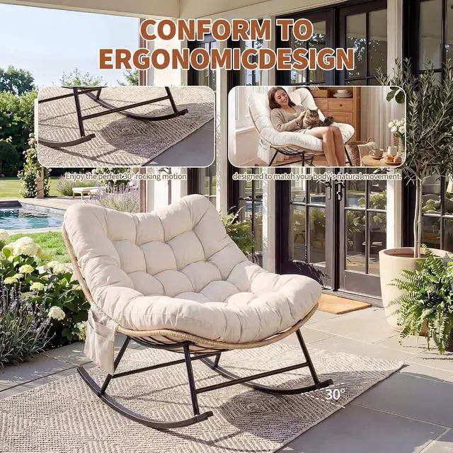 Alt view image 4 of 6 - Patikuin Reinforced Steel Patio Rocking Chair, Weather-Resistant Rattan, UV-Proof Cushion, 450 Lbs Capacity, Yellow Rattan with Beige Cushion, Single