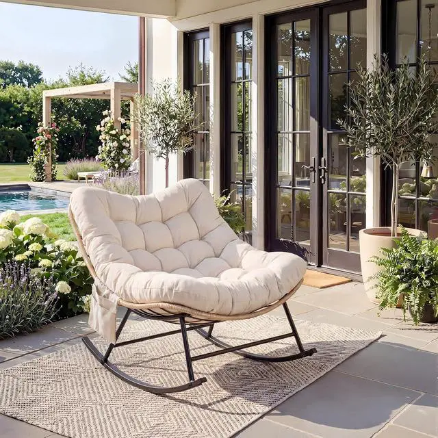 Alt view image 6 of 6 - Patikuin Reinforced Steel Patio Rocking Chair, Weather-Resistant Rattan, UV-Proof Cushion, 450 Lbs Capacity, Yellow Rattan with Beige Cushion, Single