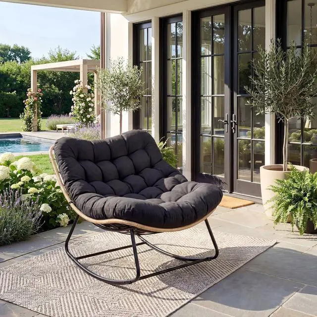 Alt view image 2 of 7 - Patikuin Reinforced Steel Patio Rocking Chair, Weather-Resistant Rattan, UV-Proof Cushion, 450 Lbs Capacity, Yellow Rattan with Black Cushion, Single, Arch Foot