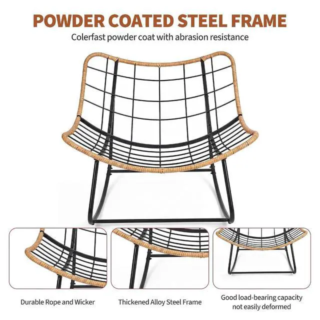 Alt view image 4 of 7 - Patikuin Reinforced Steel Patio Rocking Chair, Weather-Resistant Rattan, UV-Proof Cushion, 450 Lbs Capacity, Yellow Rattan with Black Cushion, Single, Arch Foot