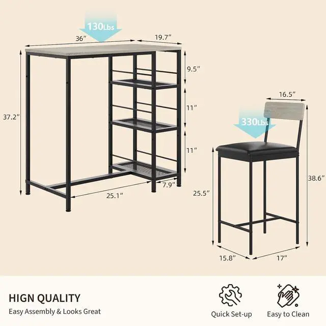 Alt view image 2 of 7 - Space-Saving 3-Piece Dining Table Set for 2 Counter Height Table with Upholstered Bar Stools, 3-Tier Storage Shelves, Built-in Wine Rack, Metal Frame Kitchen, Apartment, Breakfast Nook Oak