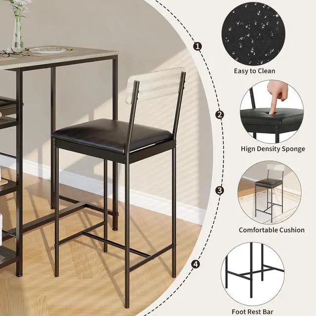 Alt view image 3 of 7 - Space-Saving 3-Piece Dining Table Set for 2 Counter Height Table with Upholstered Bar Stools, 3-Tier Storage Shelves, Built-in Wine Rack, Metal Frame Kitchen, Apartment, Breakfast Nook Oak