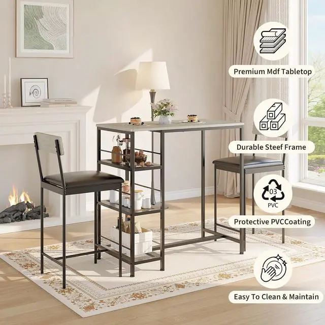 Alt view image 4 of 7 - Space-Saving 3-Piece Dining Table Set for 2 Counter Height Table with Upholstered Bar Stools, 3-Tier Storage Shelves, Built-in Wine Rack, Metal Frame Kitchen, Apartment, Breakfast Nook Oak