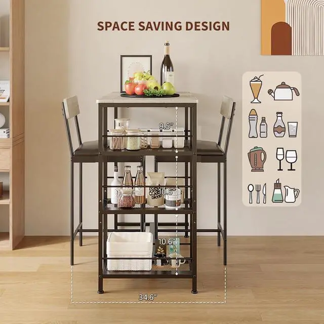 Alt view image 6 of 7 - Space-Saving 3-Piece Dining Table Set for 2 Counter Height Table with Upholstered Bar Stools, 3-Tier Storage Shelves, Built-in Wine Rack, Metal Frame Kitchen, Apartment, Breakfast Nook Oak