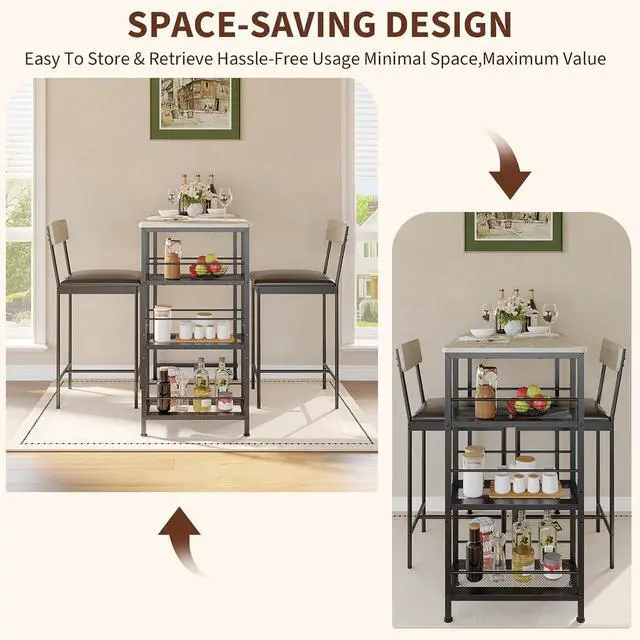 Alt view image 7 of 7 - Space-Saving 3-Piece Dining Table Set for 2 Counter Height Table with Upholstered Bar Stools, 3-Tier Storage Shelves, Built-in Wine Rack, Metal Frame Kitchen, Apartment, Breakfast Nook Oak