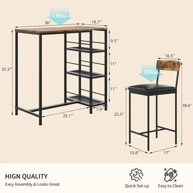 Alt view image 2 of 7 - Space-Saving 3-Piece Dining Table Set for 2 Counter Height Bar Table with 2 Upholstered Stools, 3-Tier Storage Shelves, Built-in Wine Rack, Metal Frame Modern Living Room & Kitchen, Brown