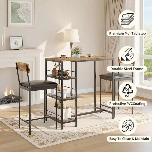 Alt view image 3 of 7 - Space-Saving 3-Piece Dining Table Set for 2 Counter Height Bar Table with 2 Upholstered Stools, 3-Tier Storage Shelves, Built-in Wine Rack, Metal Frame Modern Living Room & Kitchen, Brown
