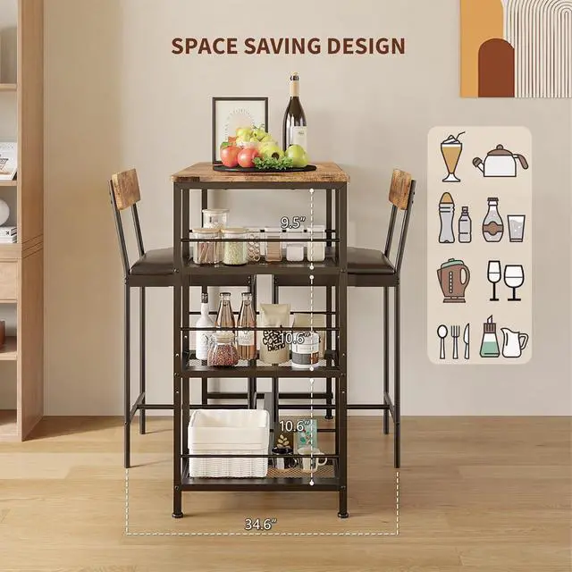Alt view image 4 of 7 - Space-Saving 3-Piece Dining Table Set for 2 Counter Height Bar Table with 2 Upholstered Stools, 3-Tier Storage Shelves, Built-in Wine Rack, Metal Frame Modern Living Room & Kitchen, Brown