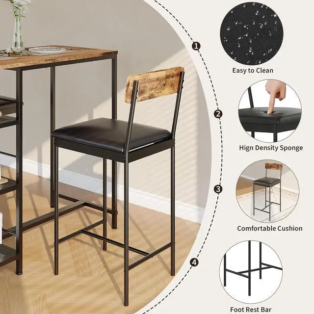 Alt view image 6 of 7 - Space-Saving 3-Piece Dining Table Set for 2 Counter Height Bar Table with 2 Upholstered Stools, 3-Tier Storage Shelves, Built-in Wine Rack, Metal Frame Modern Living Room & Kitchen, Brown