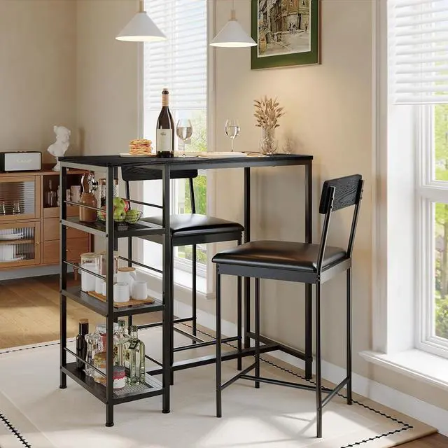 Main image of Patikuin Space-Saving 3-Piece Dining Table Set for 2 Bar Table with 2 Upholstered Stools, 3-Tier Storage Shelves, Built-in Wine Rack, Metal Frame Modern Apartment, Kitchen, Breakfast Nook, Black