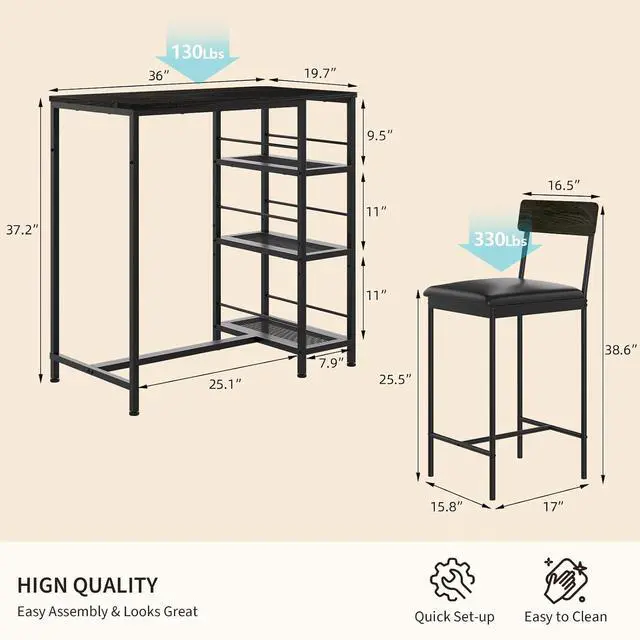 Alt view image 2 of 7 - Patikuin Space-Saving 3-Piece Dining Table Set for 2 Bar Table with 2 Upholstered Stools, 3-Tier Storage Shelves, Built-in Wine Rack, Metal Frame Modern Apartment, Kitchen, Breakfast Nook, Black