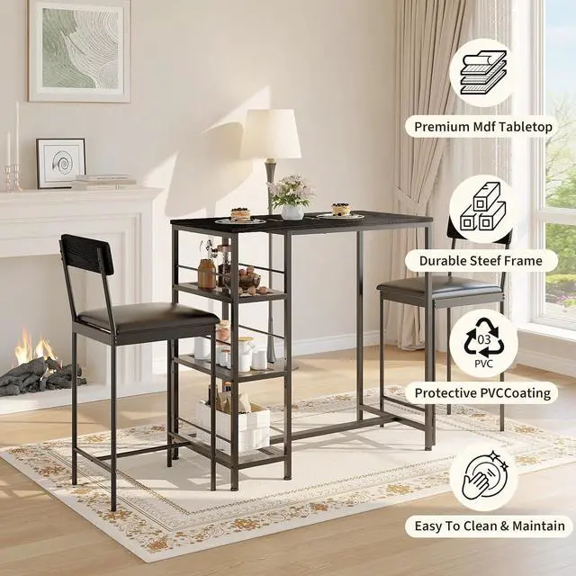 Alt view image 5 of 7 - Patikuin Space-Saving 3-Piece Dining Table Set for 2 Bar Table with 2 Upholstered Stools, 3-Tier Storage Shelves, Built-in Wine Rack, Metal Frame Modern Apartment, Kitchen, Breakfast Nook, Black