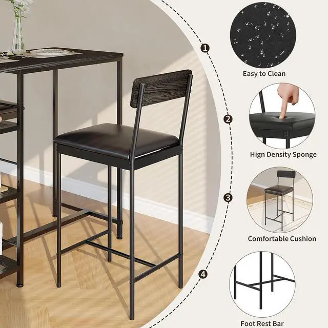 Alt view image 4 of 7 - Patikuin Space-Saving 3-Piece Dining Table Set for 2 Bar Table with 2 Upholstered Stools, 3-Tier Storage Shelves, Built-in Wine Rack, Metal Frame Modern Apartment, Kitchen, Breakfast Nook, Black