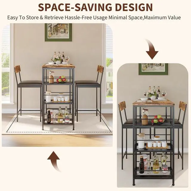Alt view image 7 of 7 - Space-Saving 3-Piece Dining Table Set for 2 Counter Height Bar Table with 2 Upholstered Stools, 3-Tier Storage Shelves, Built-in Wine Rack, Metal Frame Modern Living Room & Kitchen, Brown