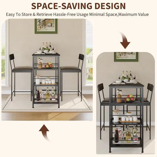 Alt view image 7 of 7 - Patikuin Space-Saving 3-Piece Dining Table Set for 2 Bar Table with 2 Upholstered Stools, 3-Tier Storage Shelves, Built-in Wine Rack, Metal Frame Modern Apartment, Kitchen, Breakfast Nook, Black