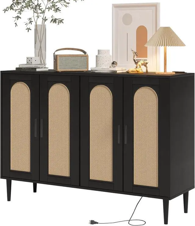 Main image of Patikuin Rattan Sideboard Buffet Cabinet, Boho Accent Storage Cabinet, 4 Doors Console Table Coffee Bar with Power Outlet, Adjustable Shelves for Kitchen, Dining Room, Hallway, Living Room (Black_2)