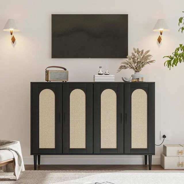 Alt view image 2 of 7 - Patikuin Rattan Sideboard Buffet Cabinet, Boho Accent Storage Cabinet, 4 Doors Console Table Coffee Bar with Power Outlet, Adjustable Shelves for Kitchen, Dining Room, Hallway, Living Room (Black_2)