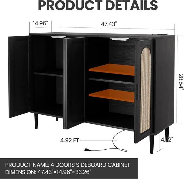 Alt view image 3 of 7 - Patikuin Rattan Sideboard Buffet Cabinet, Boho Accent Storage Cabinet, 4 Doors Console Table Coffee Bar with Power Outlet, Adjustable Shelves for Kitchen, Dining Room, Hallway, Living Room (Black_2)