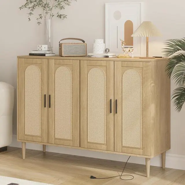 Main image of Patikuin Rattan Sideboard Buffet Cabinet, Boho Accent Storage Cabinet, 4 Doors Console Table Coffee Bar with Power Outlet, Adjustable Shelves for Kitchen, Dining Room, Hallway, Living Room (Wood_1)