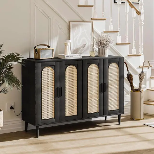 Alt view image 6 of 7 - Patikuin Rattan Sideboard Buffet Cabinet, Boho Accent Storage Cabinet, 4 Doors Console Table Coffee Bar with Power Outlet, Adjustable Shelves for Kitchen, Dining Room, Hallway, Living Room (Black_2)