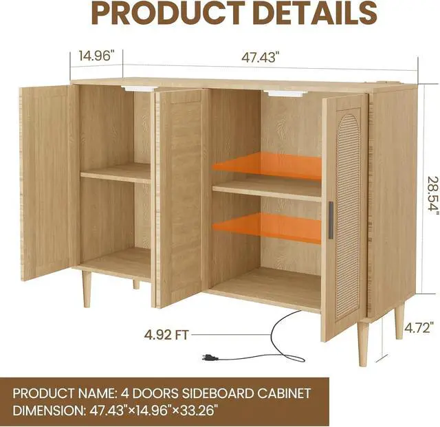 Alt view image 2 of 7 - Patikuin Rattan Sideboard Buffet Cabinet, Boho Accent Storage Cabinet, 4 Doors Console Table Coffee Bar with Power Outlet, Adjustable Shelves for Kitchen, Dining Room, Hallway, Living Room (Wood_1)