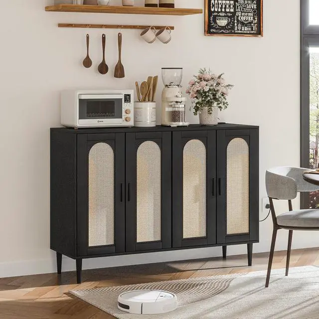 Alt view image 7 of 7 - Patikuin Rattan Sideboard Buffet Cabinet, Boho Accent Storage Cabinet, 4 Doors Console Table Coffee Bar with Power Outlet, Adjustable Shelves for Kitchen, Dining Room, Hallway, Living Room (Black_2)