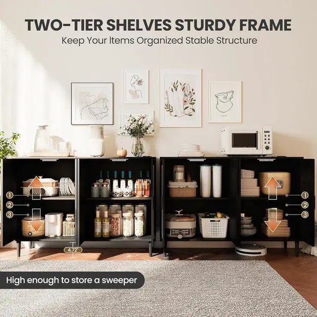 Alt view image 5 of 7 - Patikuin Rattan Sideboard Buffet Cabinet, Boho Accent Storage Cabinet, 4 Doors Console Table Coffee Bar with Power Outlet, Adjustable Shelves for Kitchen, Dining Room, Hallway, Living Room (Black_2)