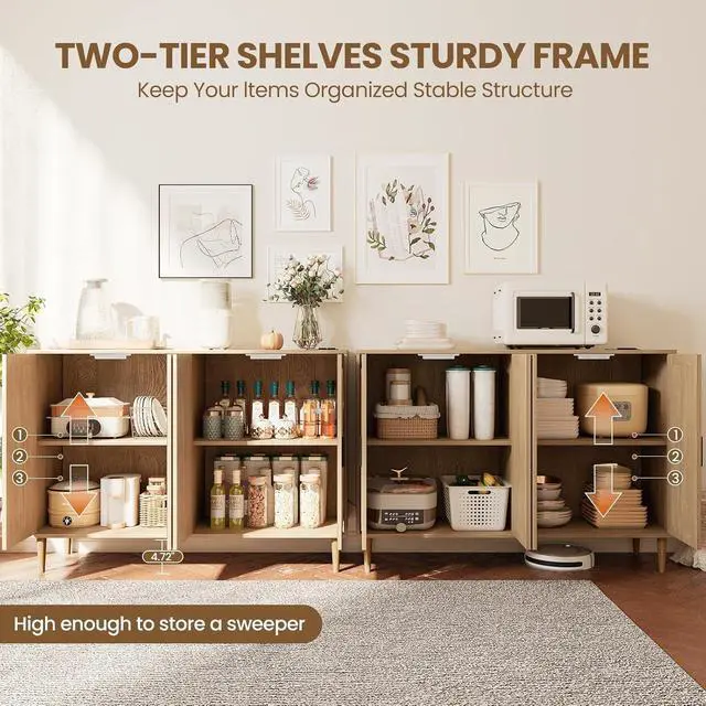 Alt view image 3 of 7 - Patikuin Rattan Sideboard Buffet Cabinet, Boho Accent Storage Cabinet, 4 Doors Console Table Coffee Bar with Power Outlet, Adjustable Shelves for Kitchen, Dining Room, Hallway, Living Room (Wood_1)