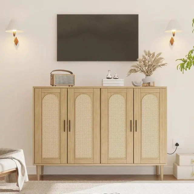 Alt view image 5 of 7 - Patikuin Rattan Sideboard Buffet Cabinet, Boho Accent Storage Cabinet, 4 Doors Console Table Coffee Bar with Power Outlet, Adjustable Shelves for Kitchen, Dining Room, Hallway, Living Room (Wood_1)