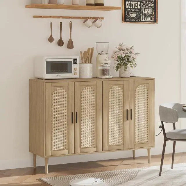 Alt view image 7 of 7 - Patikuin Rattan Sideboard Buffet Cabinet, Boho Accent Storage Cabinet, 4 Doors Console Table Coffee Bar with Power Outlet, Adjustable Shelves for Kitchen, Dining Room, Hallway, Living Room (Wood_1)