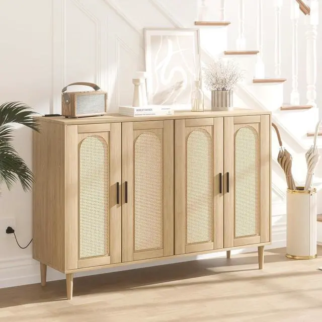 Alt view image 6 of 7 - Patikuin Rattan Sideboard Buffet Cabinet, Boho Accent Storage Cabinet, 4 Doors Console Table Coffee Bar with Power Outlet, Adjustable Shelves for Kitchen, Dining Room, Hallway, Living Room (Wood_1)