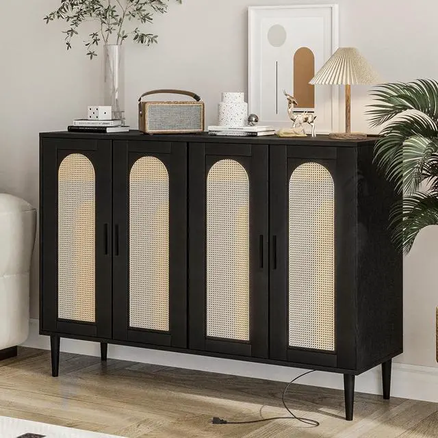 Main image of Patikuin Rattan Sideboard Buffet Cabinet, Boho Accent Storage Cabinet, 4 Doors Console Table Coffee Bar with Power Outlet, Adjustable Shelves for Kitchen, Dining Room, Hallway, Living Room (Black)