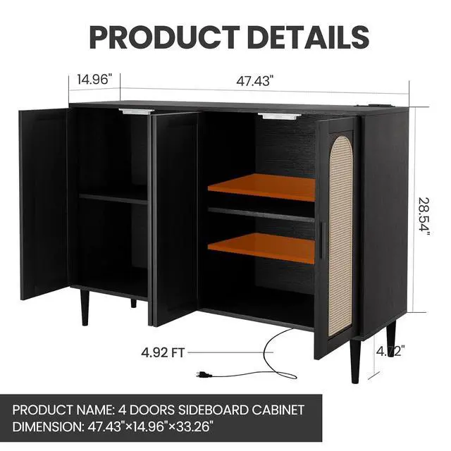 Alt view image 2 of 7 - Patikuin Rattan Sideboard Buffet Cabinet, Boho Accent Storage Cabinet, 4 Doors Console Table Coffee Bar with Power Outlet, Adjustable Shelves for Kitchen, Dining Room, Hallway, Living Room (Black)