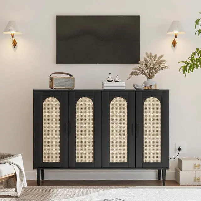 Alt view image 5 of 7 - Patikuin Rattan Sideboard Buffet Cabinet, Boho Accent Storage Cabinet, 4 Doors Console Table Coffee Bar with Power Outlet, Adjustable Shelves for Kitchen, Dining Room, Hallway, Living Room (Black)