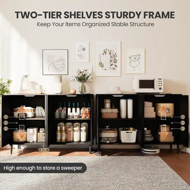 Alt view image 4 of 7 - Patikuin Rattan Sideboard Buffet Cabinet, Boho Accent Storage Cabinet, 4 Doors Console Table Coffee Bar with Power Outlet, Adjustable Shelves for Kitchen, Dining Room, Hallway, Living Room (Black)