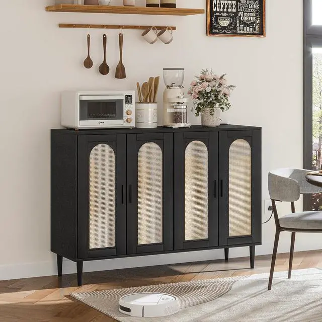 Alt view image 7 of 7 - Patikuin Rattan Sideboard Buffet Cabinet, Boho Accent Storage Cabinet, 4 Doors Console Table Coffee Bar with Power Outlet, Adjustable Shelves for Kitchen, Dining Room, Hallway, Living Room (Black)