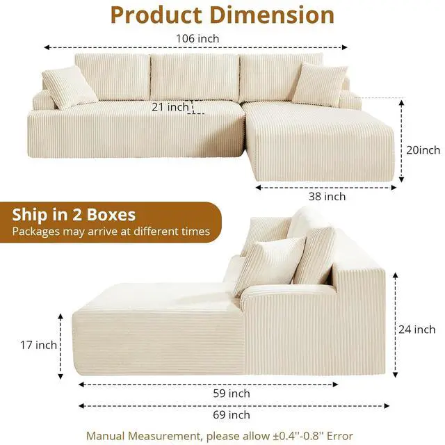 Alt view image 2 of 7 - Patikuin Cloud Modular Sectional Sofa, l-Shaped 3-Seater Couch with Left Facing Chaise, Corduroy Deep Oversized Seat, No Assembly, Beige