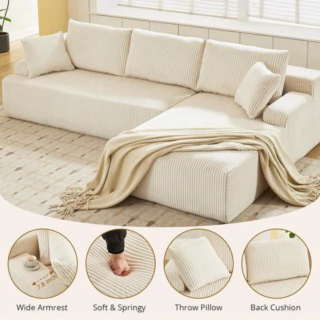 Alt view image 3 of 7 - Patikuin Cloud Modular Sectional Sofa, l-Shaped 3-Seater Couch with Left Facing Chaise, Corduroy Deep Oversized Seat, No Assembly, Beige