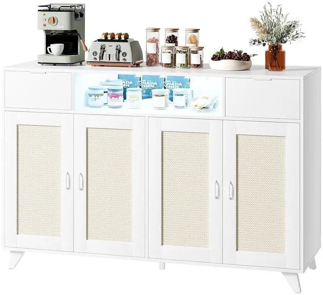 Main image of Rattan Sideboard Buffet Cabinet with Power Outlet & LED Lights 4 Door Accent Storage Cabinet, 2 Drawers Console Table with Adjustable Shelves, Modern Coffee Bar for Living Room, Dining Room, White