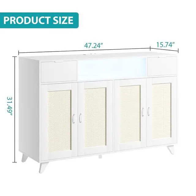 Alt view image 2 of 7 - Rattan Sideboard Buffet Cabinet with Power Outlet & LED Lights 4 Door Accent Storage Cabinet, 2 Drawers Console Table with Adjustable Shelves, Modern Coffee Bar for Living Room, Dining Room, White