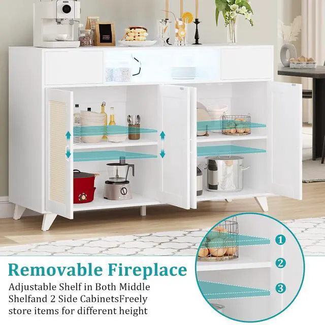 Alt view image 3 of 7 - Rattan Sideboard Buffet Cabinet with Power Outlet & LED Lights 4 Door Accent Storage Cabinet, 2 Drawers Console Table with Adjustable Shelves, Modern Coffee Bar for Living Room, Dining Room, White