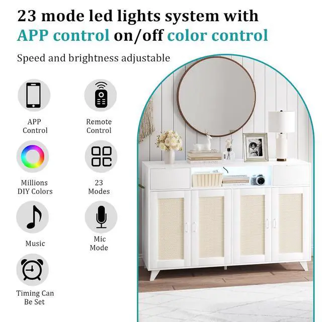 Alt view image 4 of 7 - Rattan Sideboard Buffet Cabinet with Power Outlet & LED Lights 4 Door Accent Storage Cabinet, 2 Drawers Console Table with Adjustable Shelves, Modern Coffee Bar for Living Room, Dining Room, White