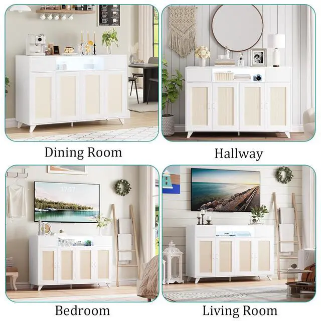 Alt view image 5 of 7 - Rattan Sideboard Buffet Cabinet with Power Outlet & LED Lights 4 Door Accent Storage Cabinet, 2 Drawers Console Table with Adjustable Shelves, Modern Coffee Bar for Living Room, Dining Room, White