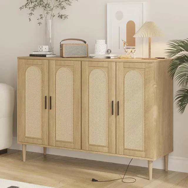 Main image of Patikuin Rattan Sideboard Buffet Cabinet, 4 Doors Accent Storage Cabinet, Console Table Coffee Bar with Power Outlet, Adjustable Shelves for Kitchen, Dining Room, Hallway, Living Room, Natural