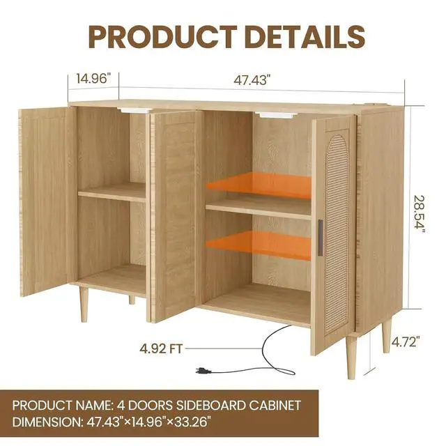 Alt view image 2 of 7 - Patikuin Rattan Sideboard Buffet Cabinet, 4 Doors Accent Storage Cabinet, Console Table Coffee Bar with Power Outlet, Adjustable Shelves for Kitchen, Dining Room, Hallway, Living Room, Natural